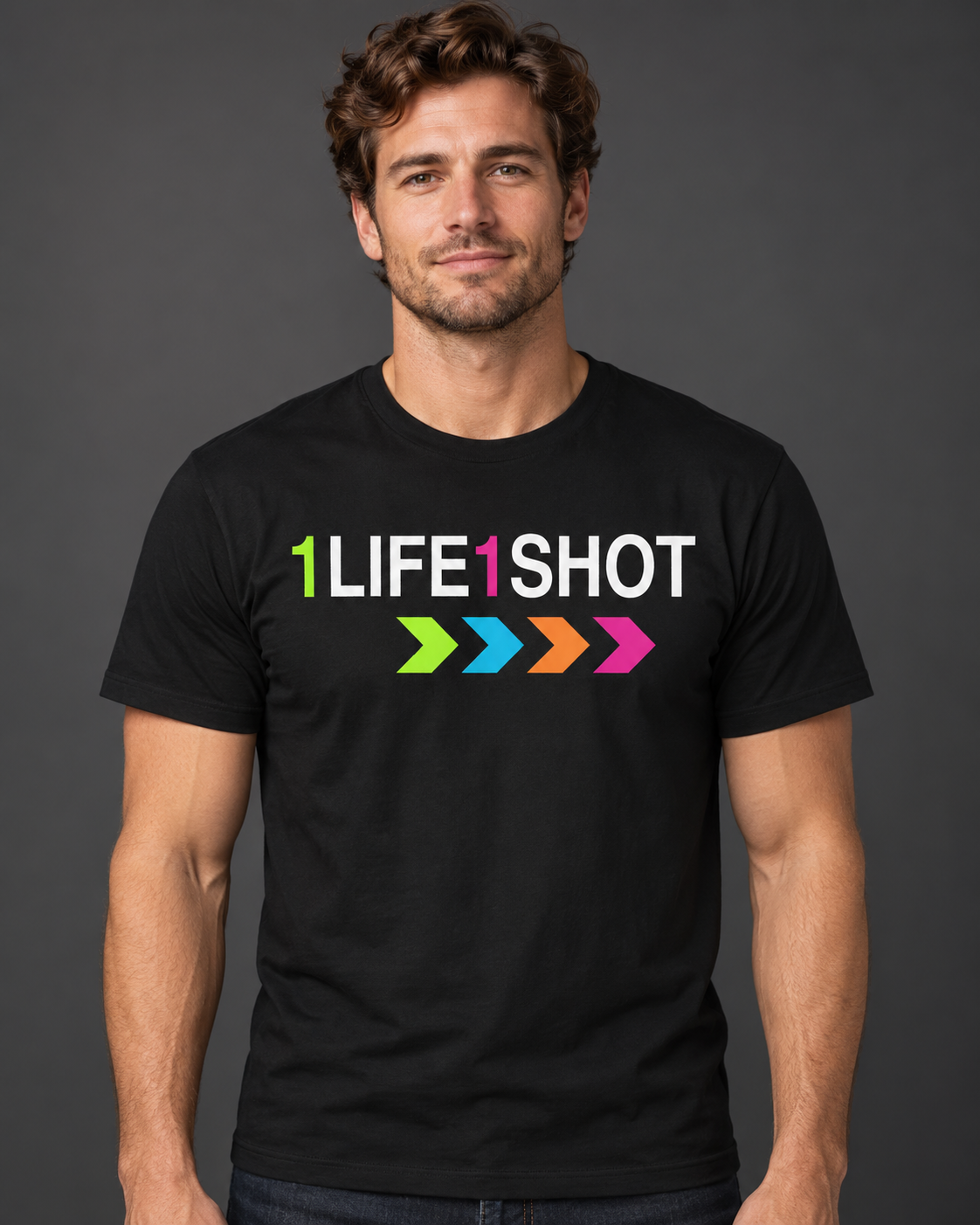 1Life1Shot Electric Collection Tee — AI model preview