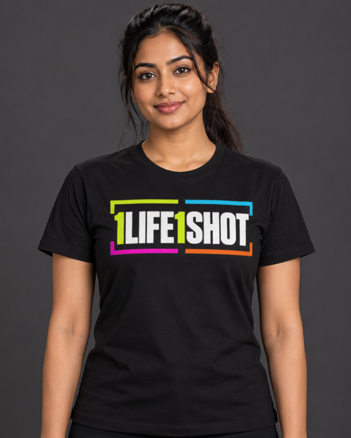 1Life1Shot Electric Collection Tee — AI model preview